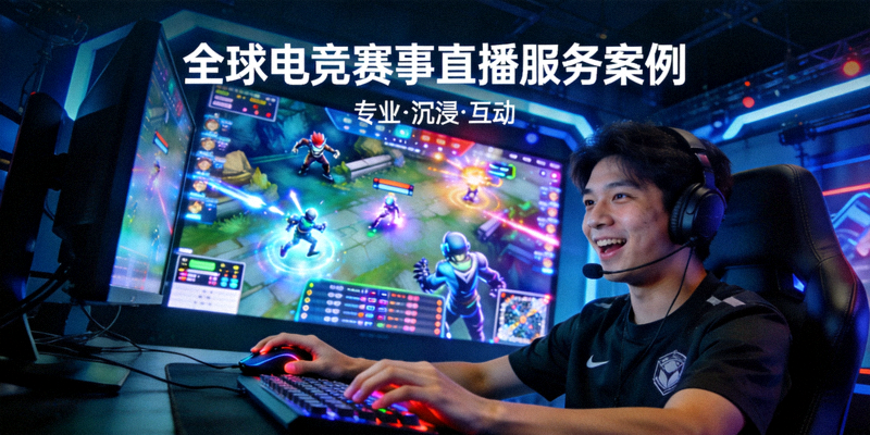 全球电竞赛事直播服务案例封面 - 电竞选手在激烈的比赛中操作，大型屏幕上显示游戏画面